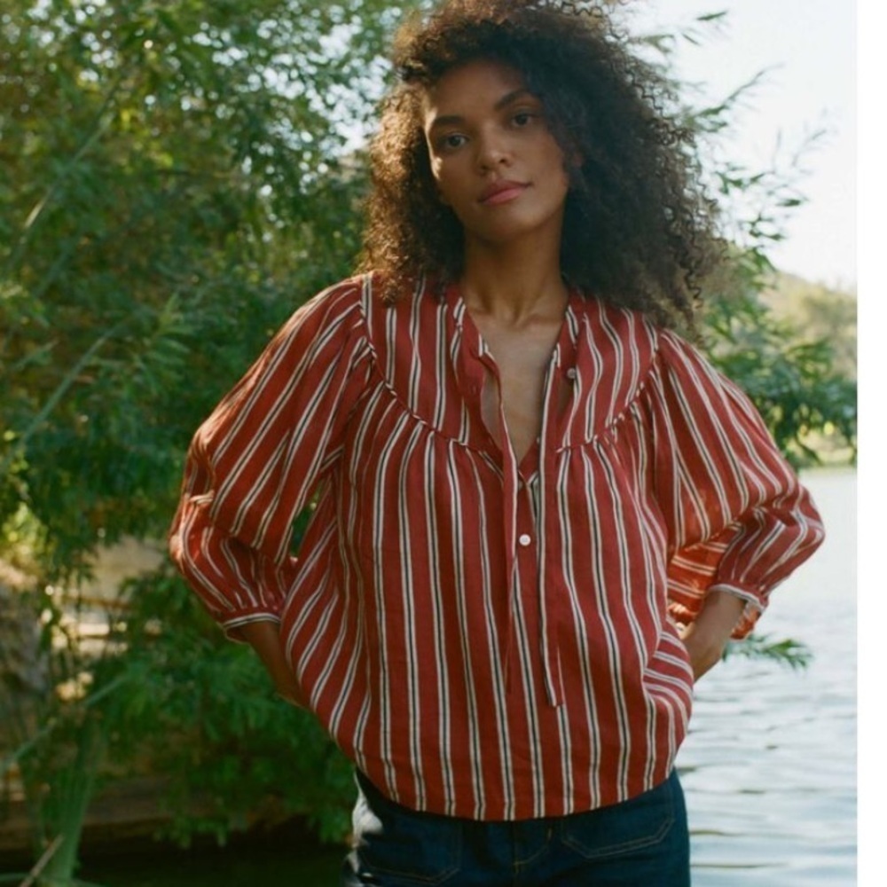 DÔEN Imani Blouse in Monaco Red Striped Blouse XS New with Tags black white bow - Picture 2 of 12